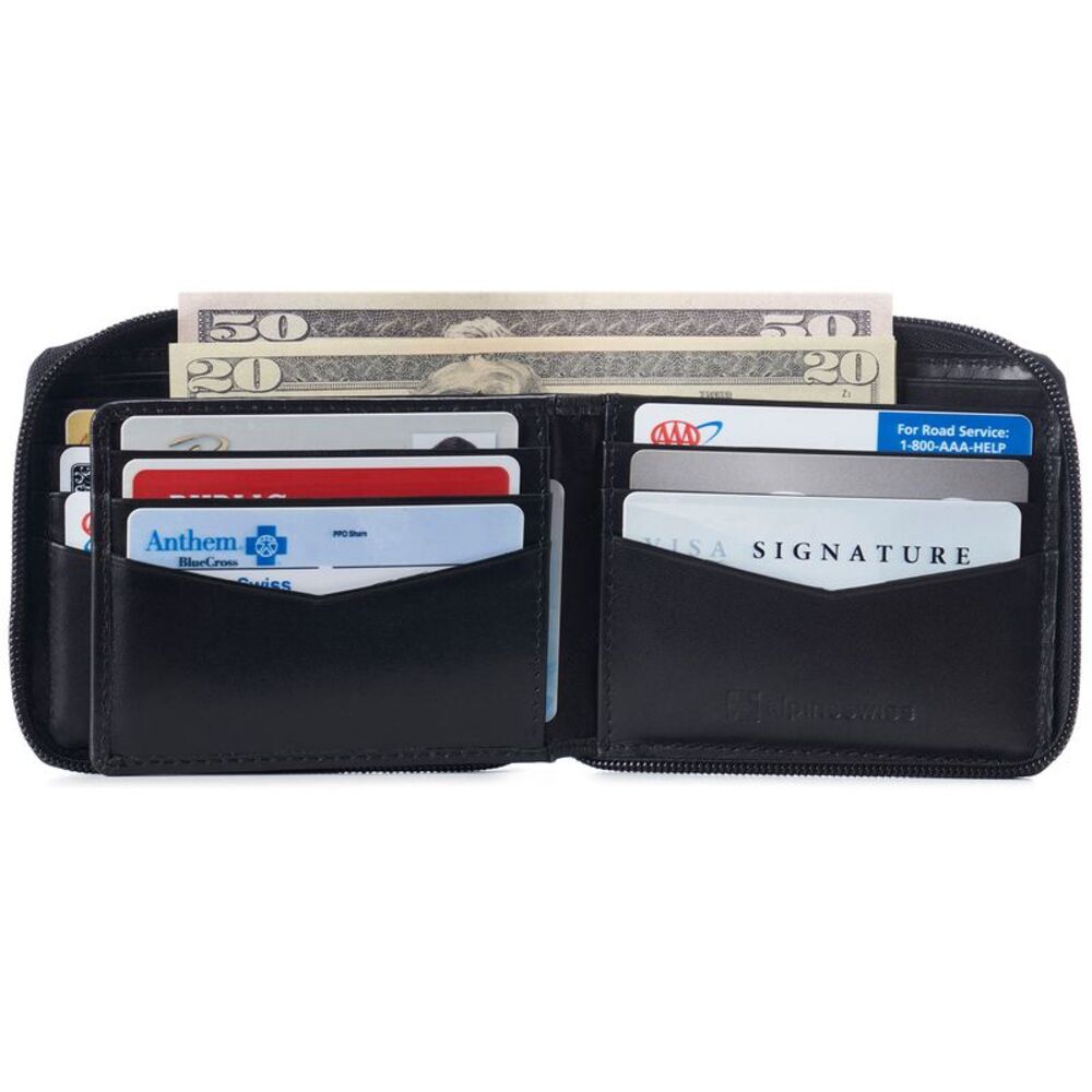 Alpine Swiss Mens Womens RFID Blocking Zipper Wallet Leather Zip Around Bifold - Picture 2 of 6